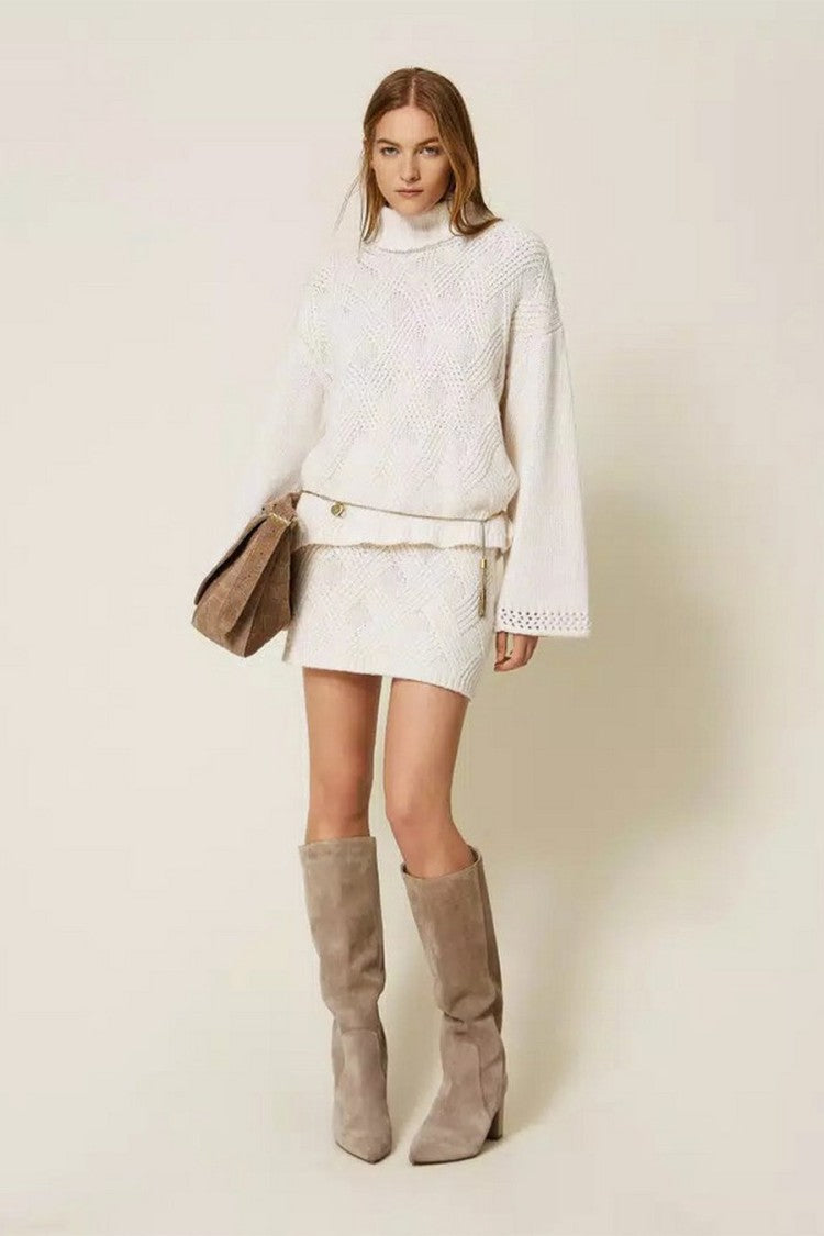 Twin-Set Cream Wide-Sleeve Roll-Neck Wool-Blend Sweater