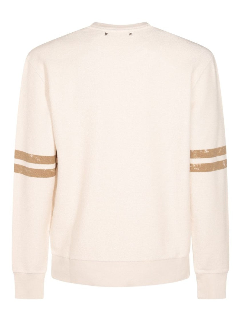 Golden Goose Cream Sweater With Bold Text Design And Contrast Stripes
