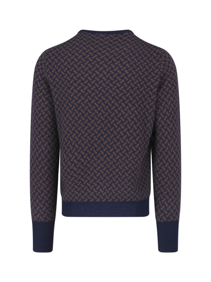 Drumohr Blue Brown All-Over Pattern Cashmere Sweater