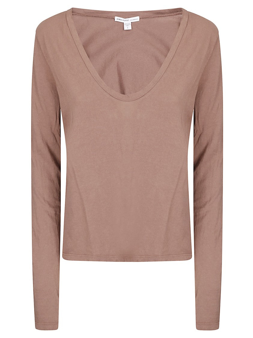 James Perse Long-Sleeved Deep V-Neck Top In Lightweight Cotton