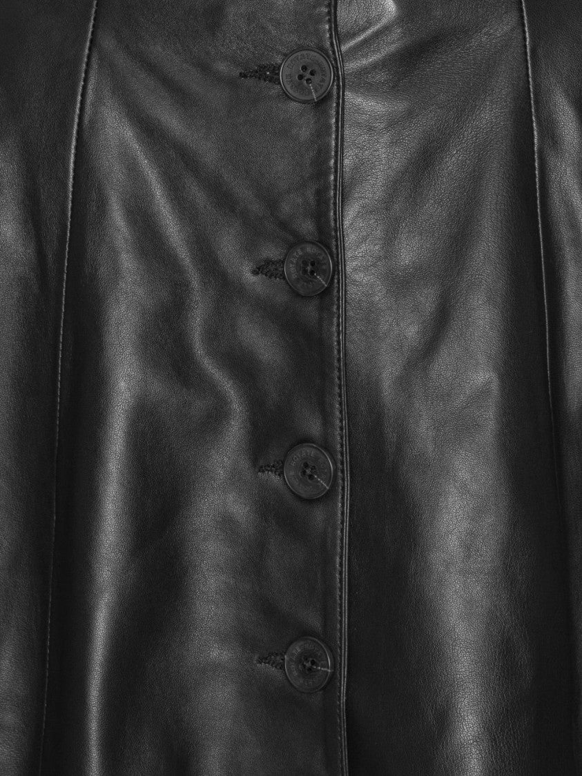 Rotate Flared Black Leather Mini Skirt