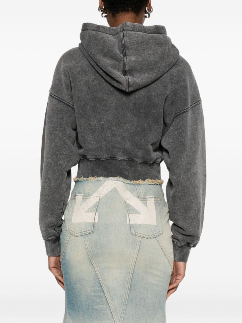 Off-White Cropped Black Hoodie With Red Tartan Patch