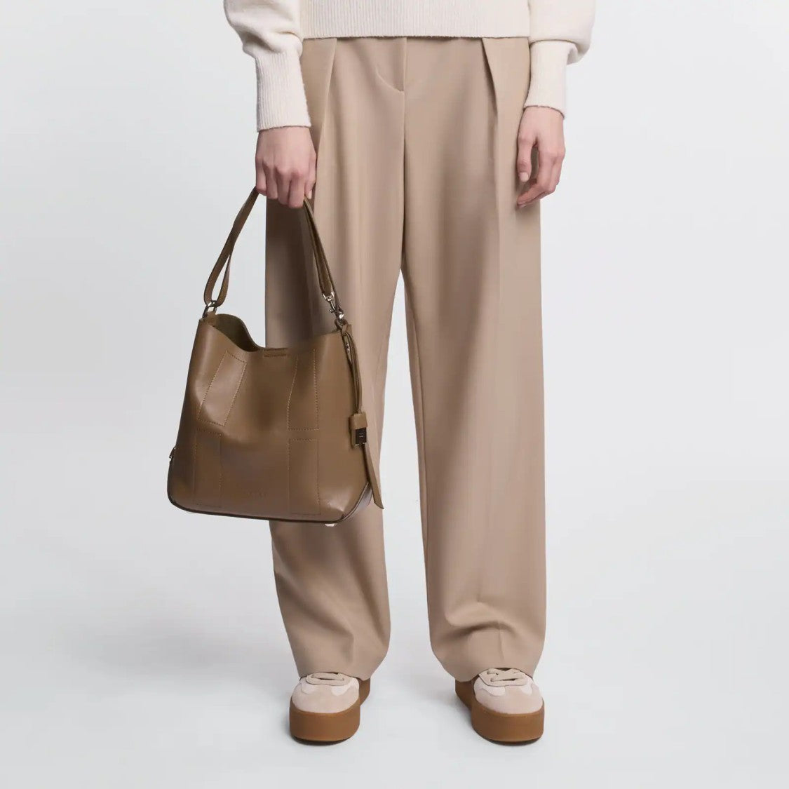 Hogan Compact Hobo Bag In Natural Beige Leather