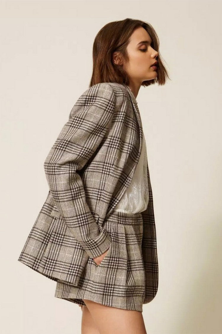 Twin-Set Grey Wool-Polyester Blend Plaid Check Shorts