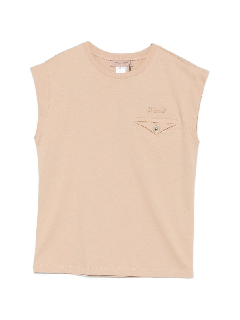 Twin-Set Beige Embroidered Chest Pocket T-Shirt