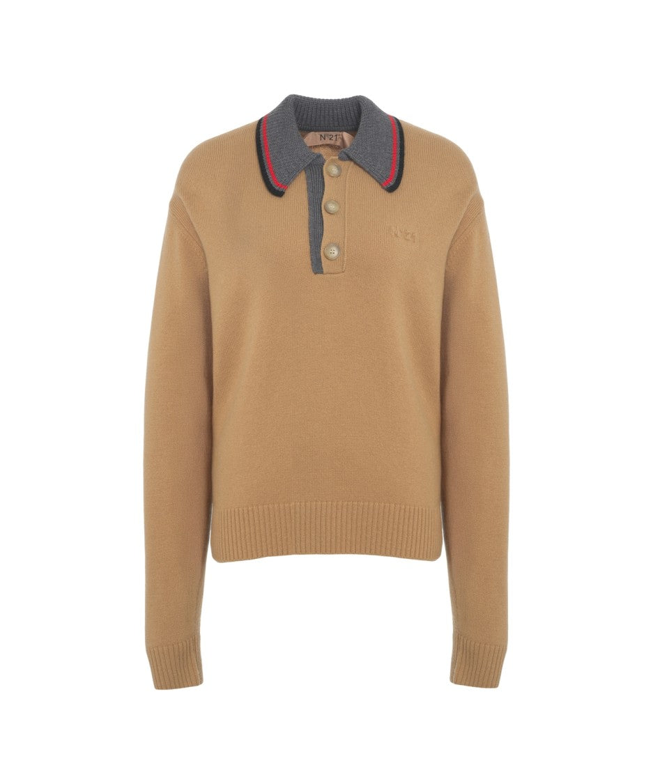 N°21 Beige Knit Polo Sweater With Contrast-Striped Collar
