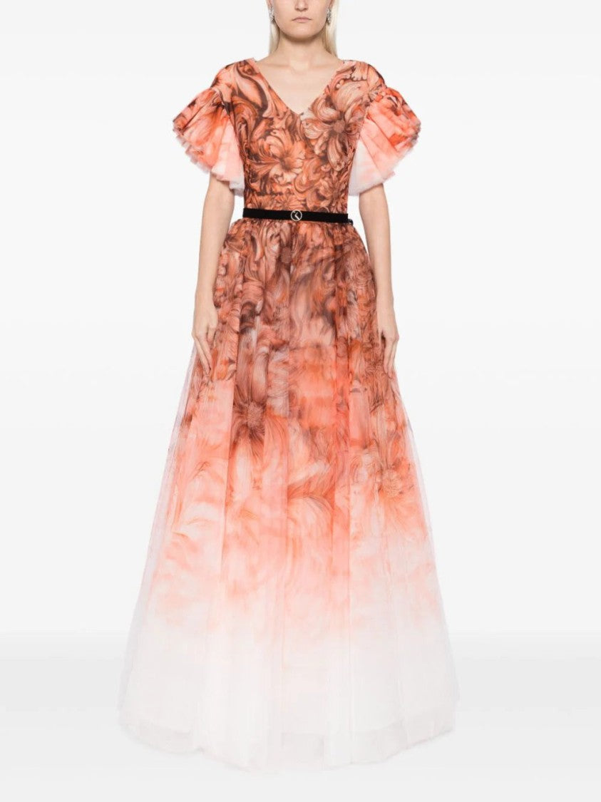 Saiid Kobeisy Tulle Printed Dress With Pleated Sleeves