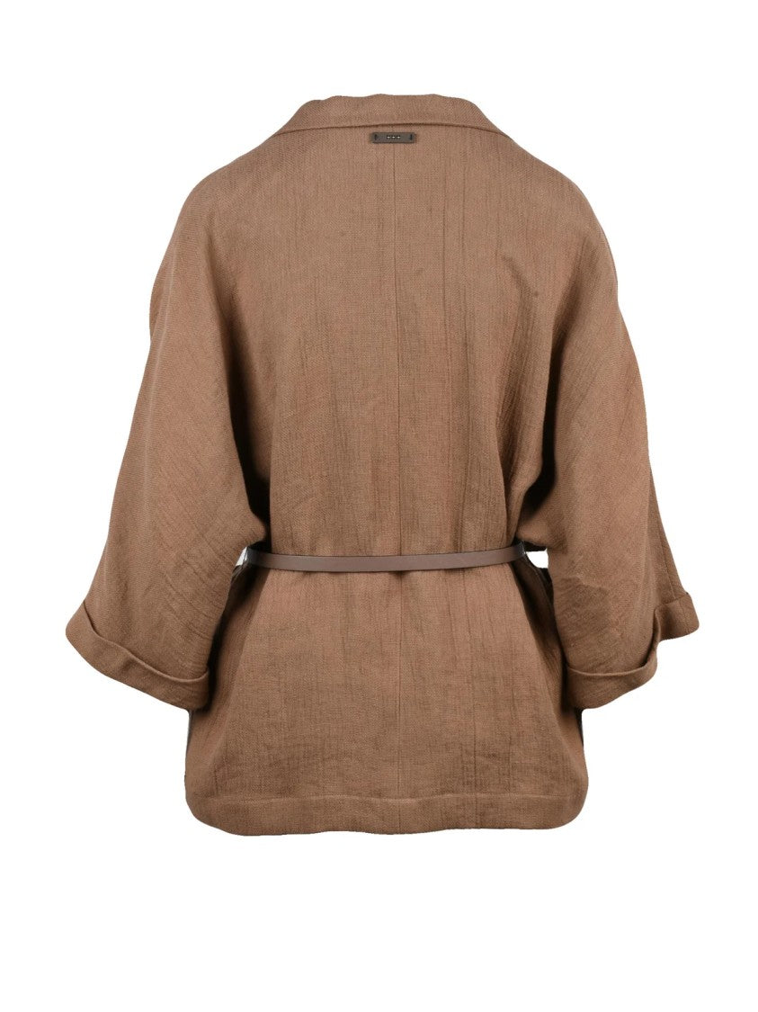 Peserico Lightweight Brown Linen Blazer With Leather Waist Detail