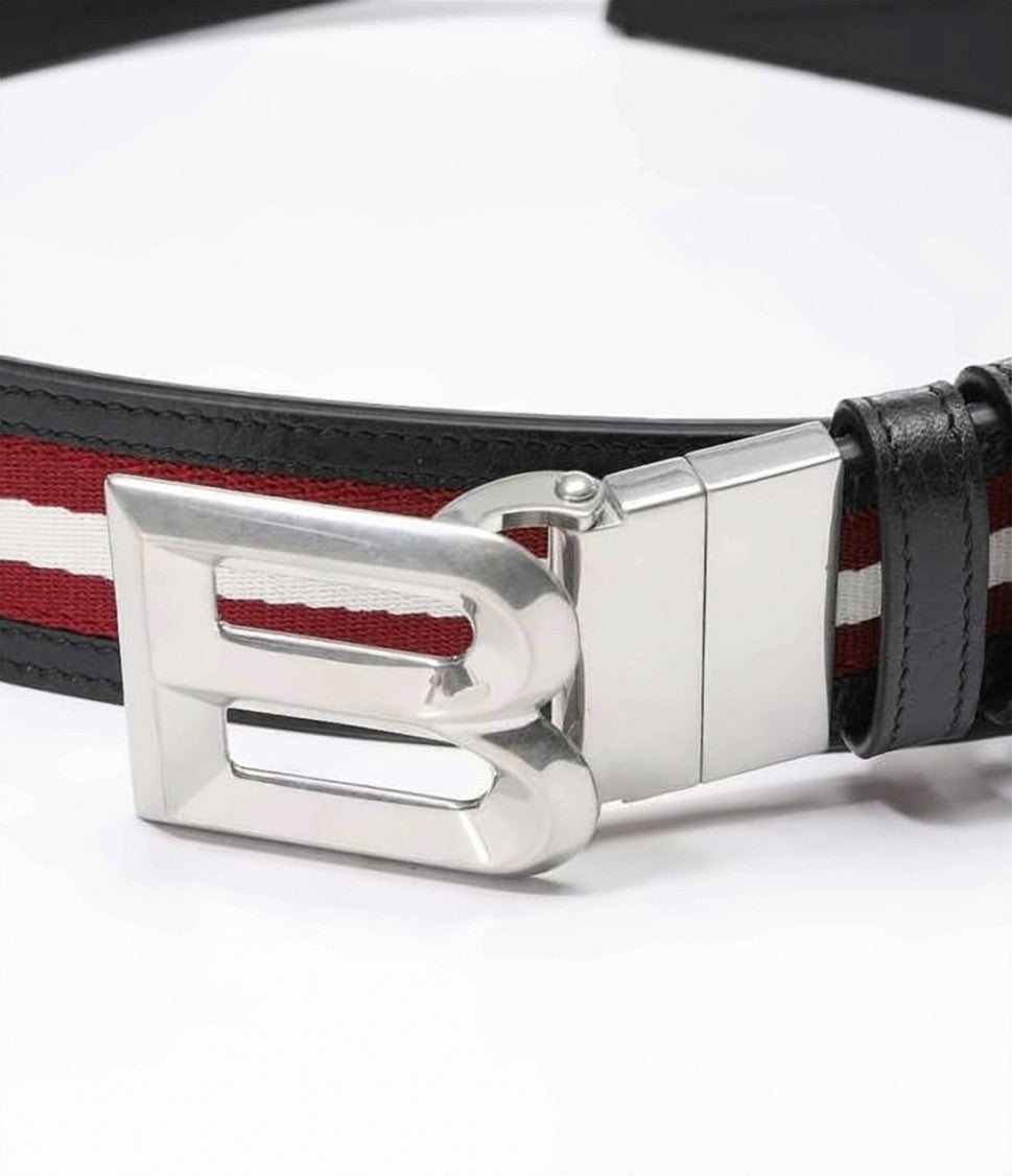 Bally Belt With Striped Fabric Inlay And Distinctive Buckle