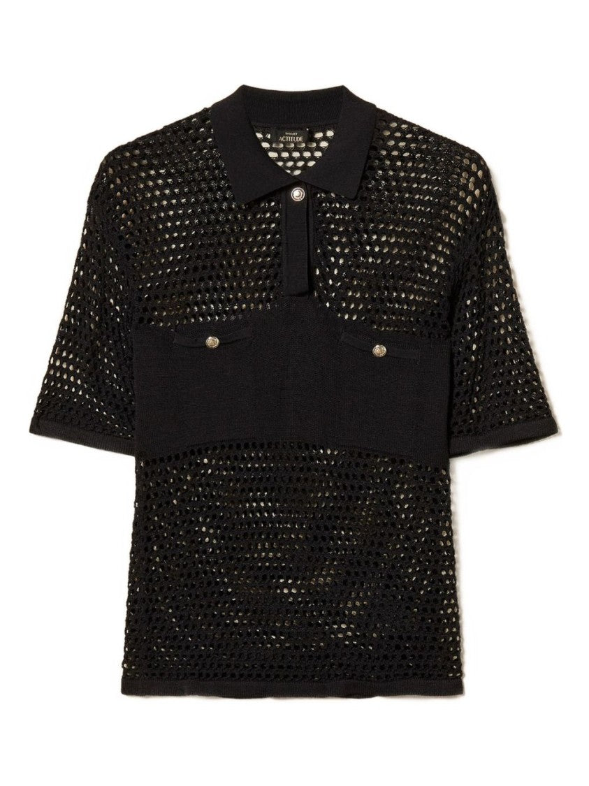 Twin-Set Black Short-Sleeved Mesh Polo Shirt