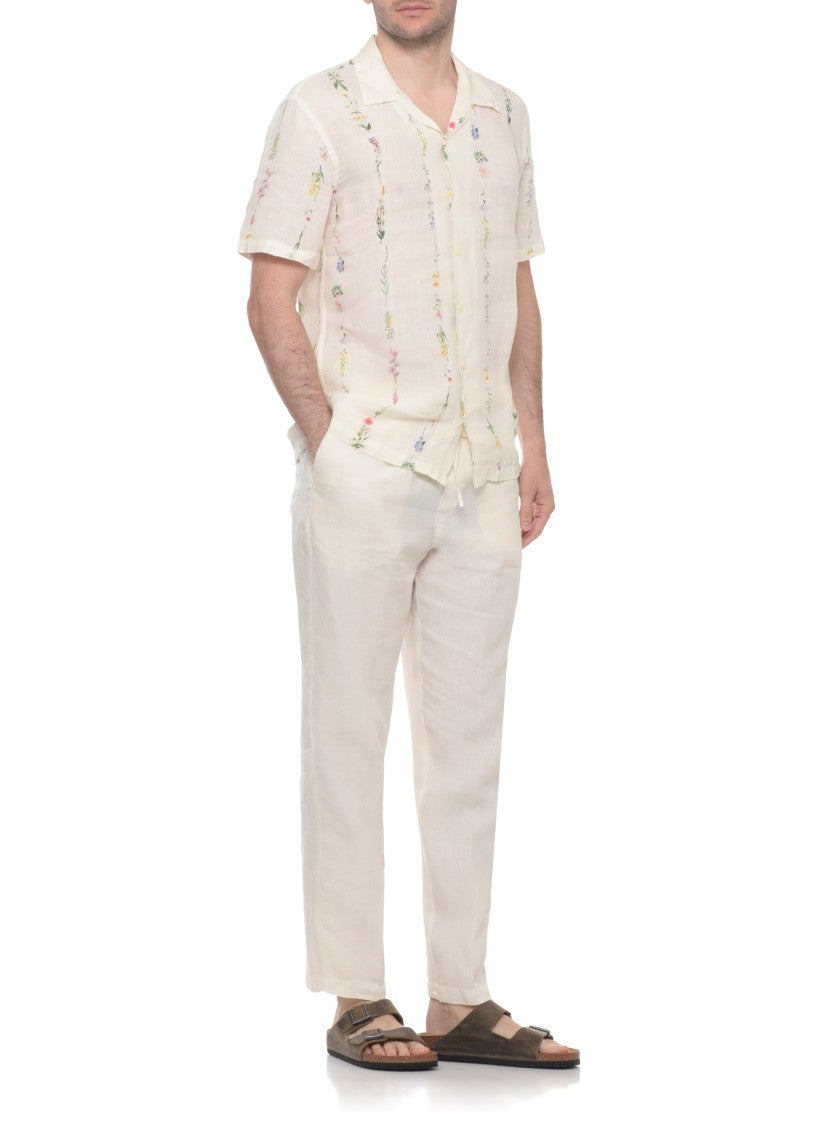 120% Lino Ivory Floral Print Linen Casual Shirt