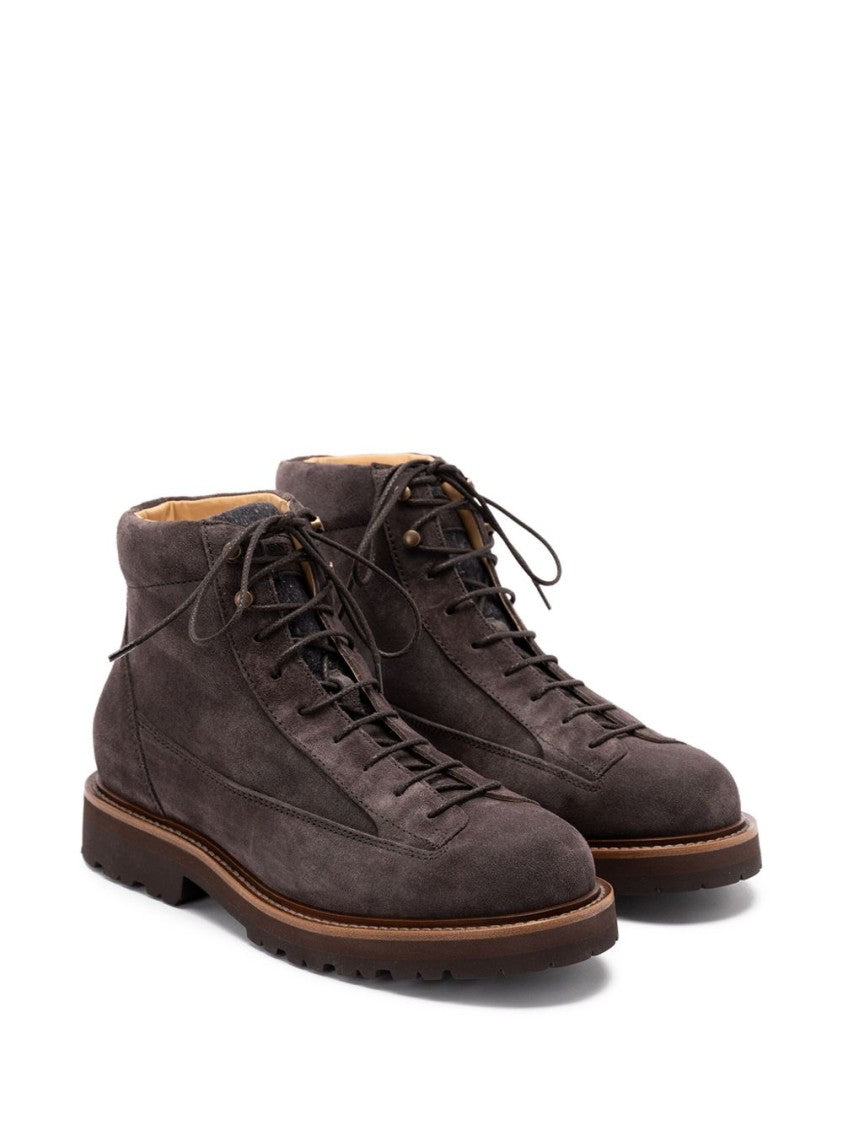Brunello Cucinelli Brown Suede Boots With Lace-Up Fastening
