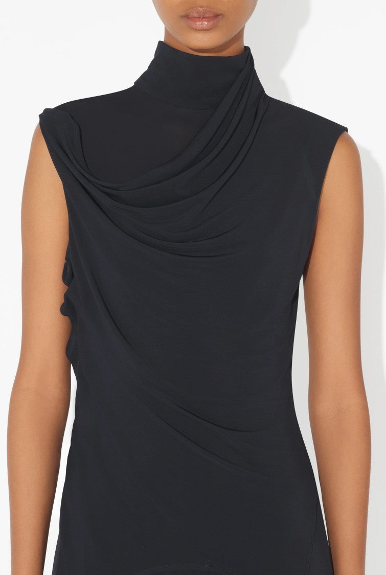 Jean Paul Gaultier Draped Navy Jersey Dress With Asymmetrical Shoulder