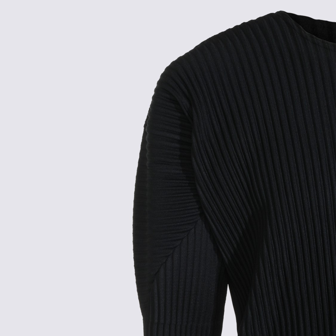 Homme Plissé Issey Miyake Vertical Pleated Black Top With Round Neckline And Long Sleeves