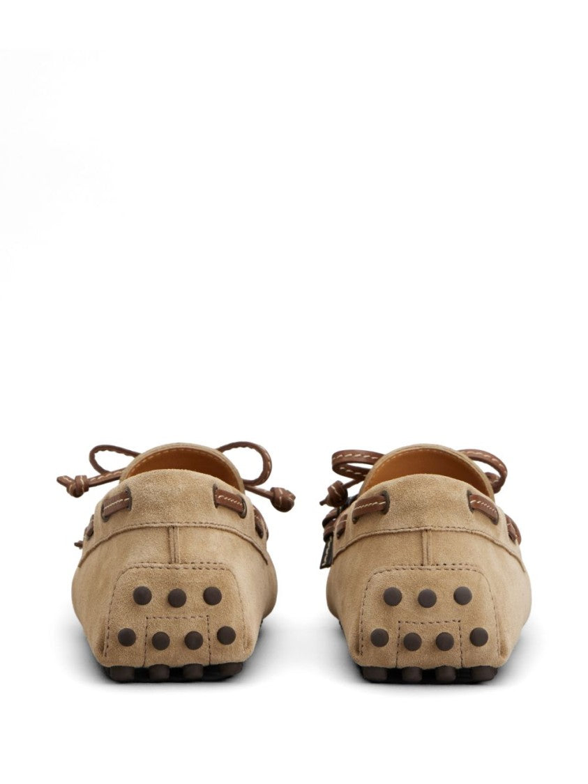 Tod's Beige Suede Flats With Front Tie And Contrast Stitching