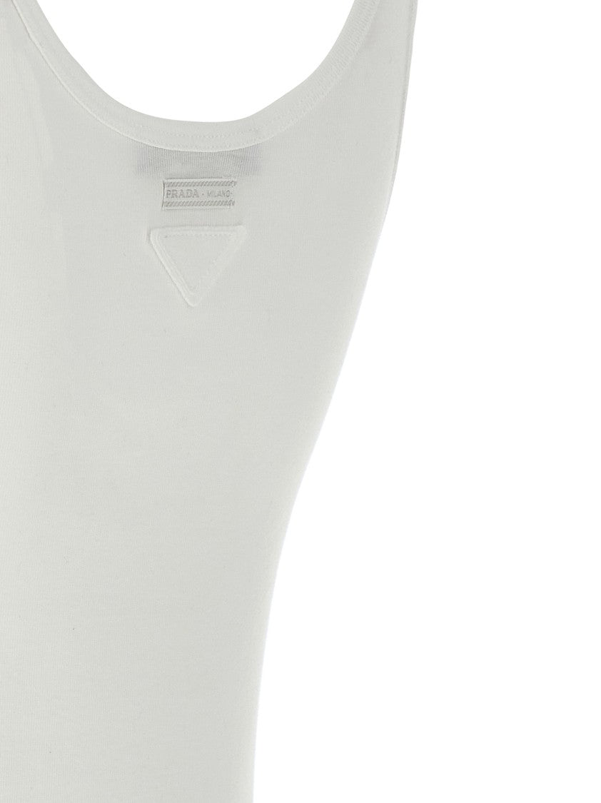 Prada Ribbed Cotton Tank Top With Asymmetric Neckline And Lace Detail