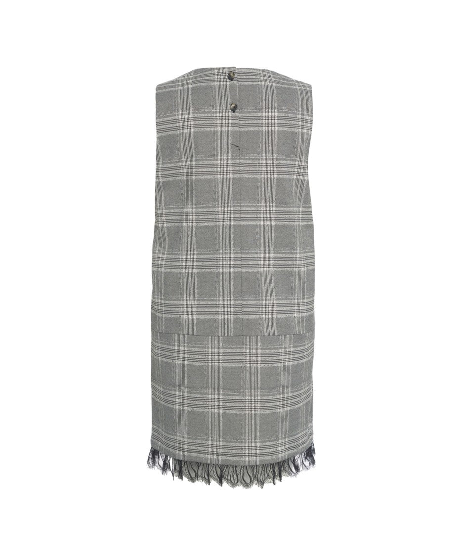 Baum Und Pferdgarten Mini Dress With Grey Plaid Pattern And Fringed Hem