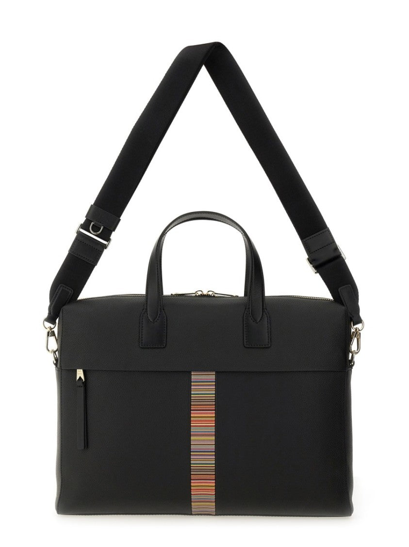Paul Smith Rectangular Leather Briefcase With Multicolored Stripe Detail