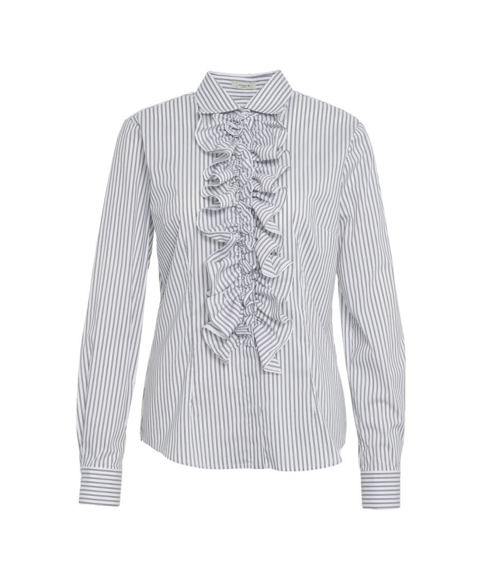 Himon's Vertical Striped Blouse With Ruffled Front