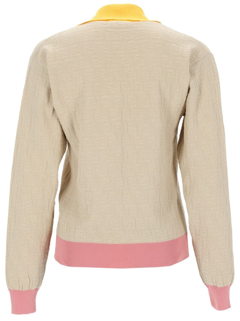 Fendi Textured Knit Top With Contrasting Collar And Ribbed Details