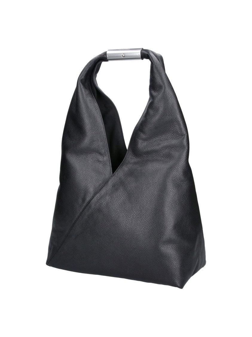 Mm6 By Maison Margiela Black Triangular Pebbled Leather Silver Handle Handbag