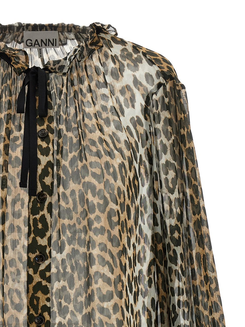 Ganni Leopard Print Chiffon Tie String' Shirt