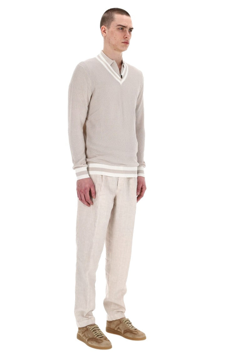 Eleventy V-Neck Cotton Sweater With Contrast Trim