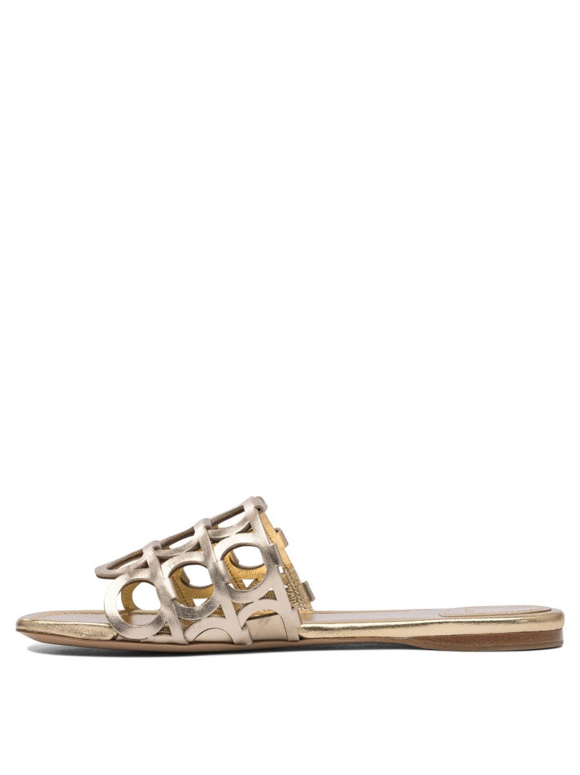 Ferragamo Gold Leather Sandals With Cut-Out Design