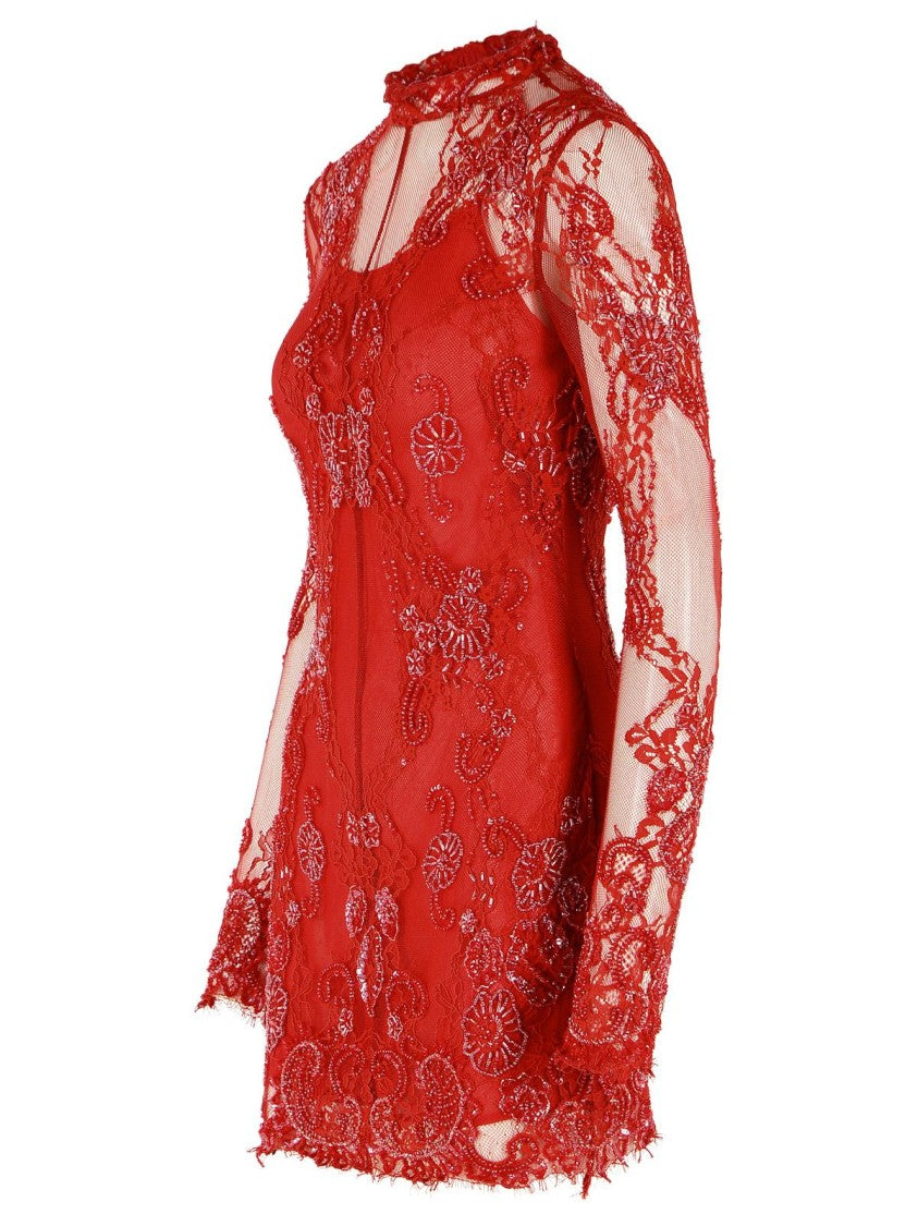 Blumarine Short Lace Dress With Red Embroidery