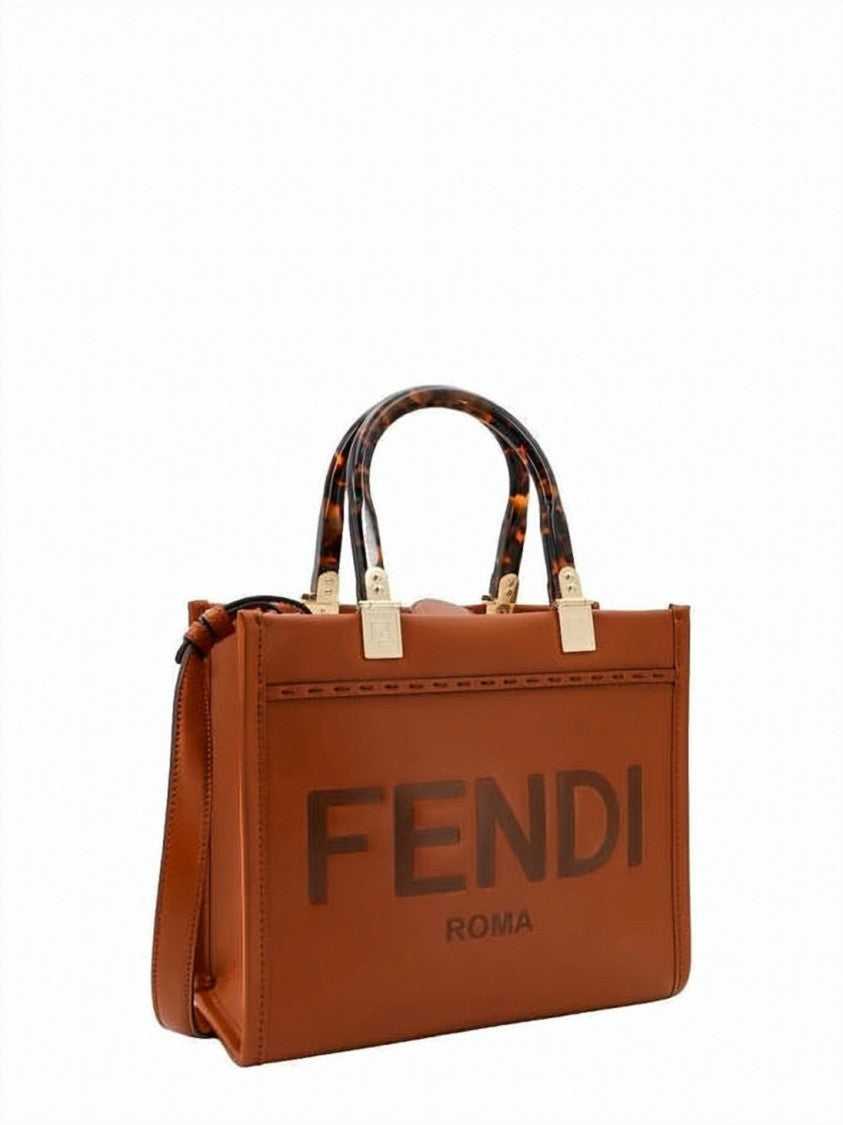 Fendi Structured Calf Leather Sun Shopper Bag With Logo Accents