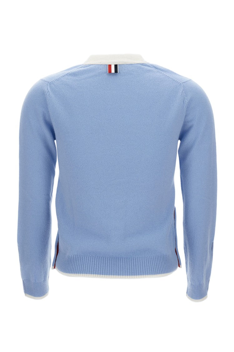 Thom Browne V-Neck Knitted Cardigan With Patch Pockets And Contrast Trim