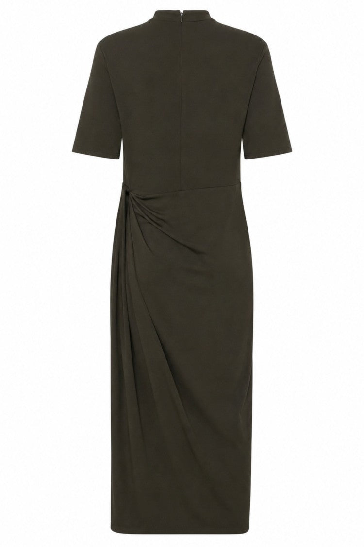 Rotate Olive Green High Neck Draped Waist Midi Dress