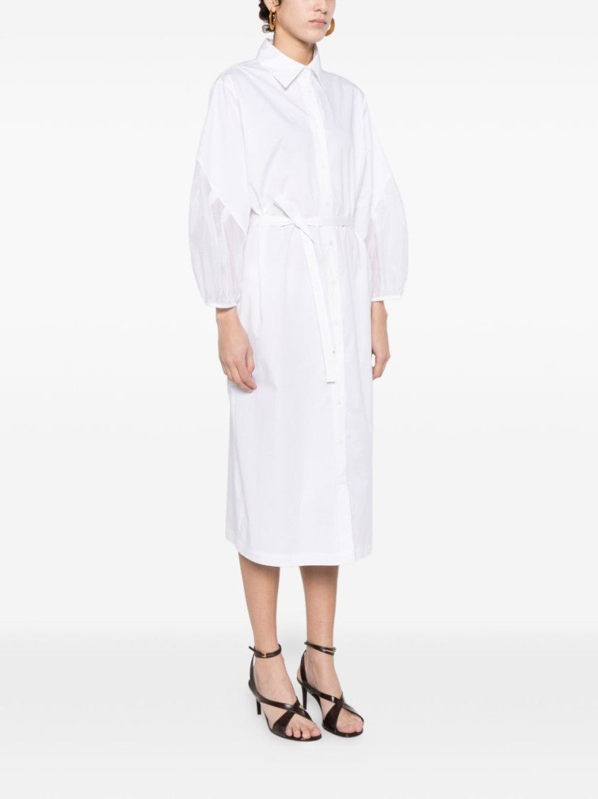 Peserico White Midi Dress With Balloon Sleeves And Classic Collar
