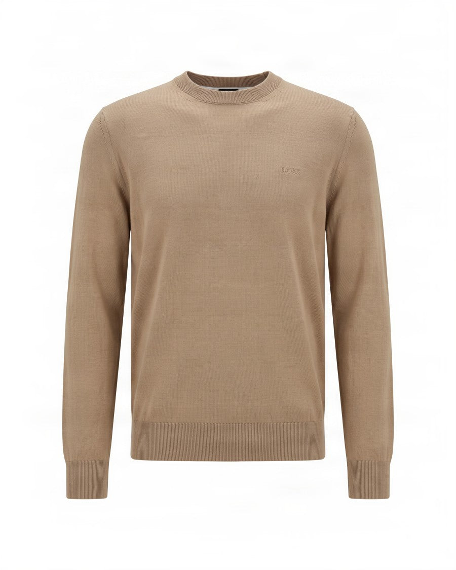 Boss Medium Beige Logo Embroidered Virgin Wool Sweater