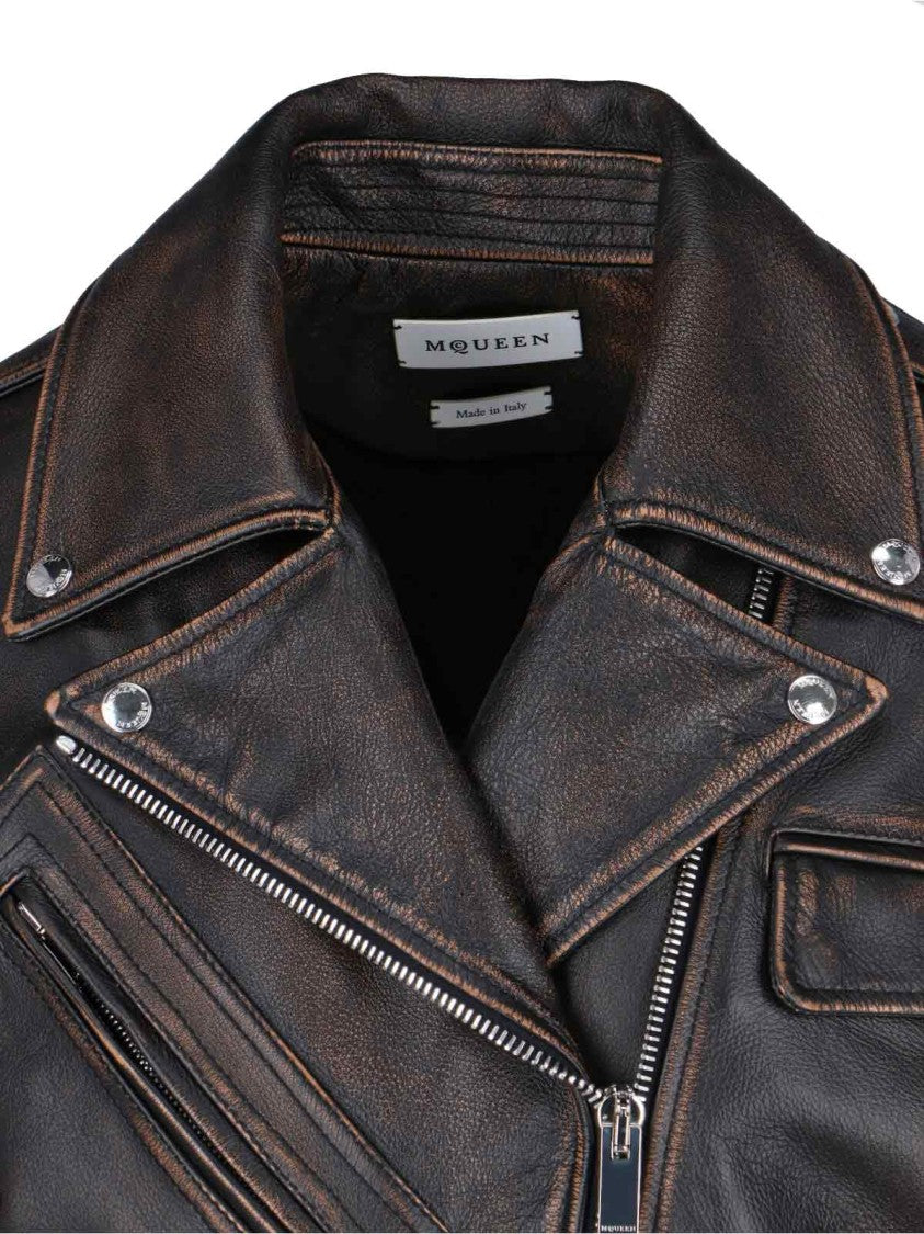 Alexander Mcqueen Brown Leather Zip Jacket With Asymmetrical Closure