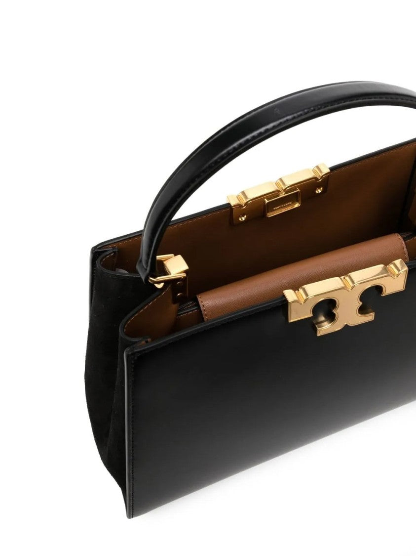 Tory Burch Structured Black Leather Satchel With Suede Panel