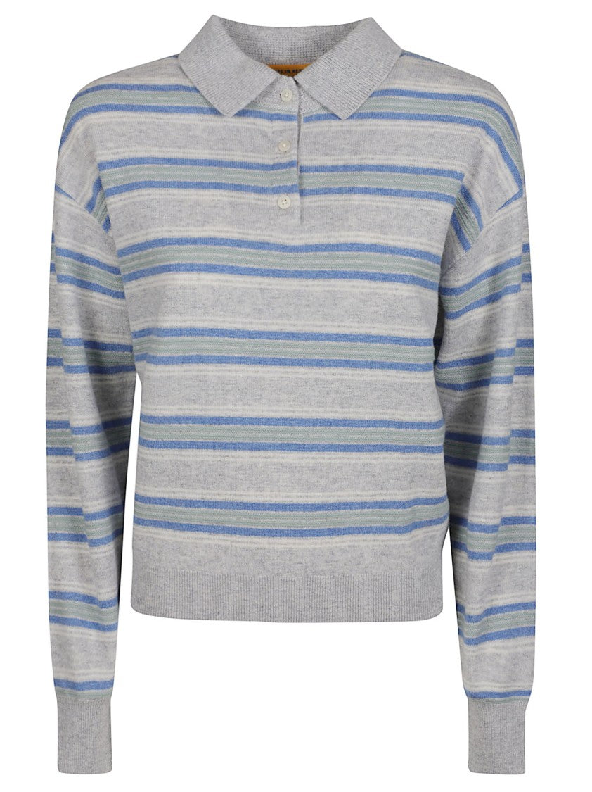 Guest In Residence Polo Neck Sweater In Variegated Blue And Grey Stripes