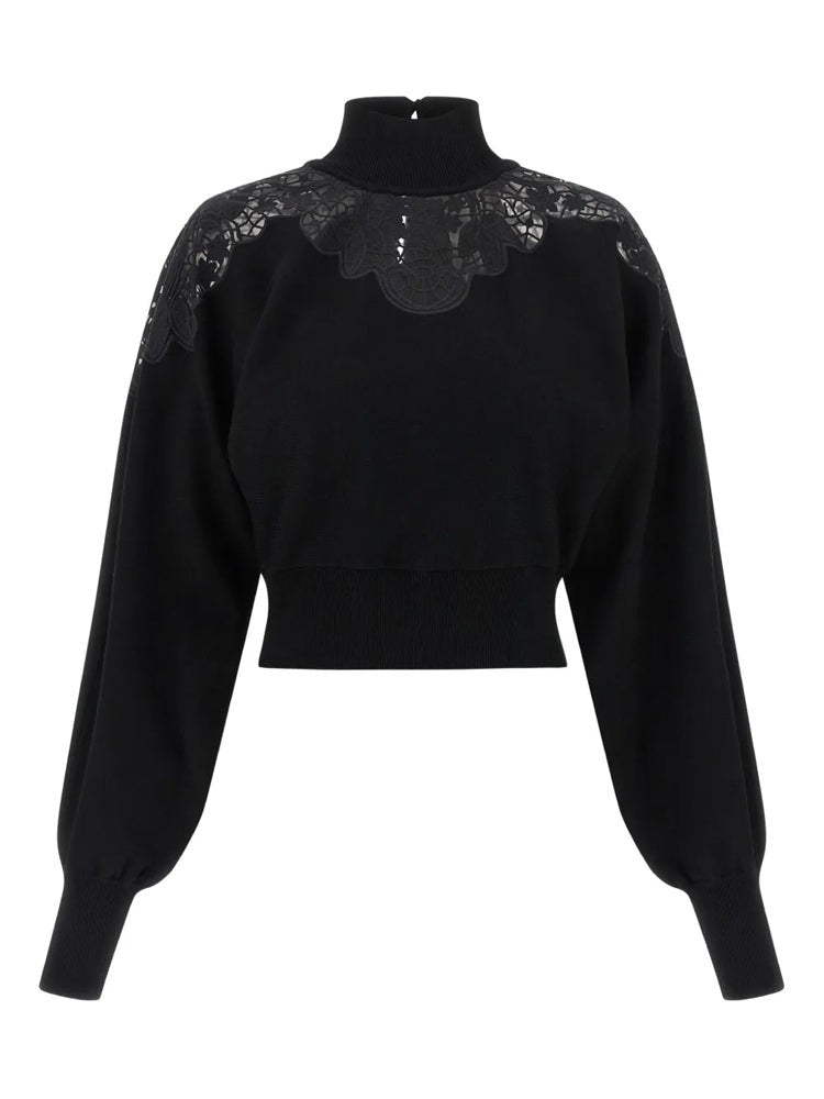 Twin-Set Cropped Black Sweater With High Ribbed Neckline And Lace Detailing