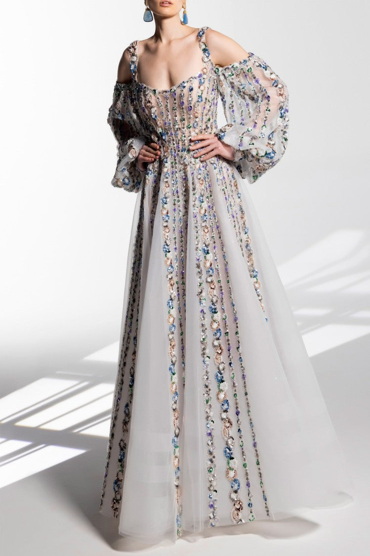 Saiid Kobeisy Off-Shoulder Beaded Dress With Shoulder Straps