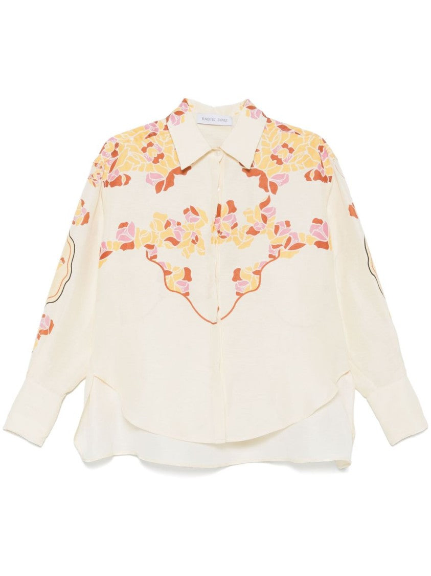 Raquel Diniz Relaxed Ivory Linen Shirt With Floral Print