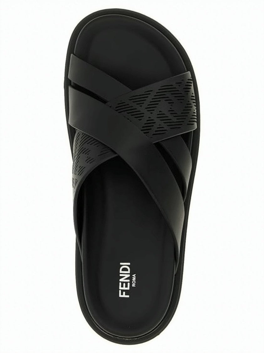Fendi Crossed Calf Leather Black Mule Sandals