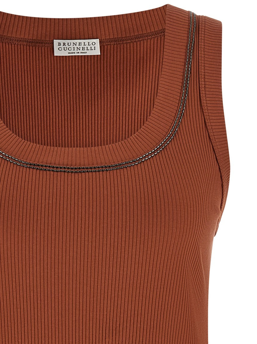 Brunello Cucinelli Stretch Cotton Ribbed Jersey Top With Square Neckline And Shiny Trim