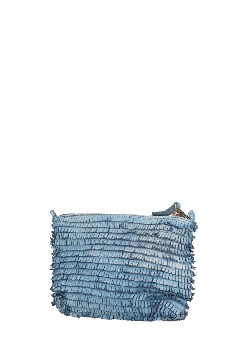 Majo Textured Blue Leather Shoulder Bag With Fringed Details