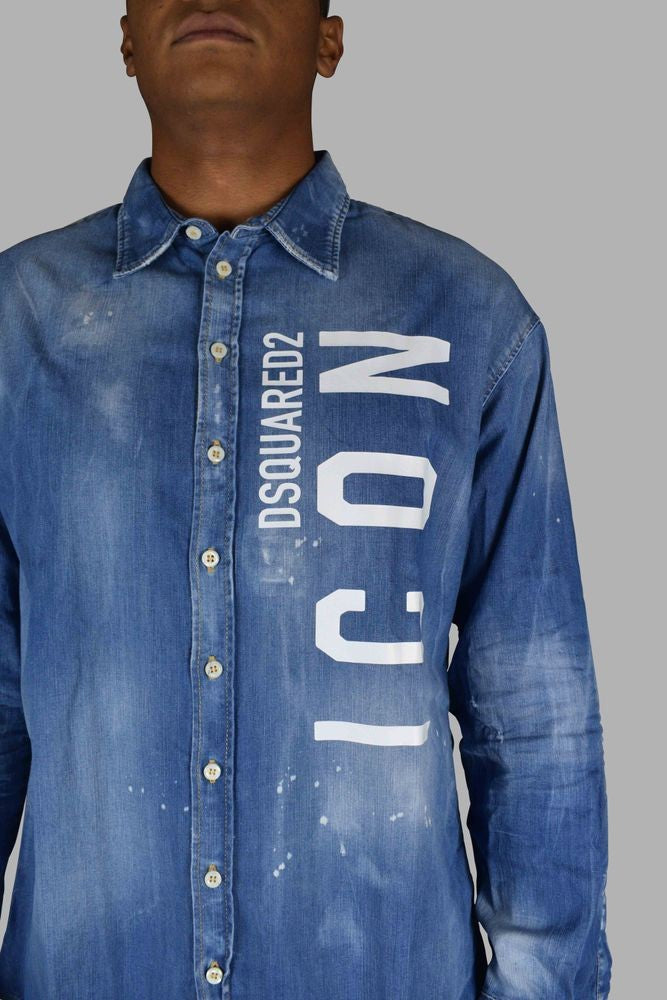 Dsquared2 Faded Blue Denim Shirt With Iconic Print