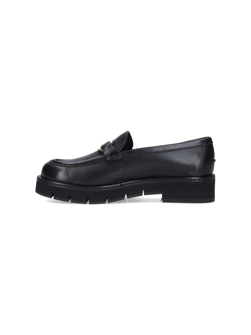 Ferragamo Black Leather Moccasins With Gold-Tone Logo Buckle