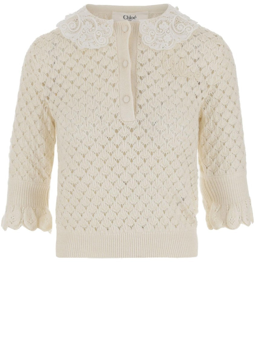 Chloé Polo Shirt With Lace Collar And Perforated Design