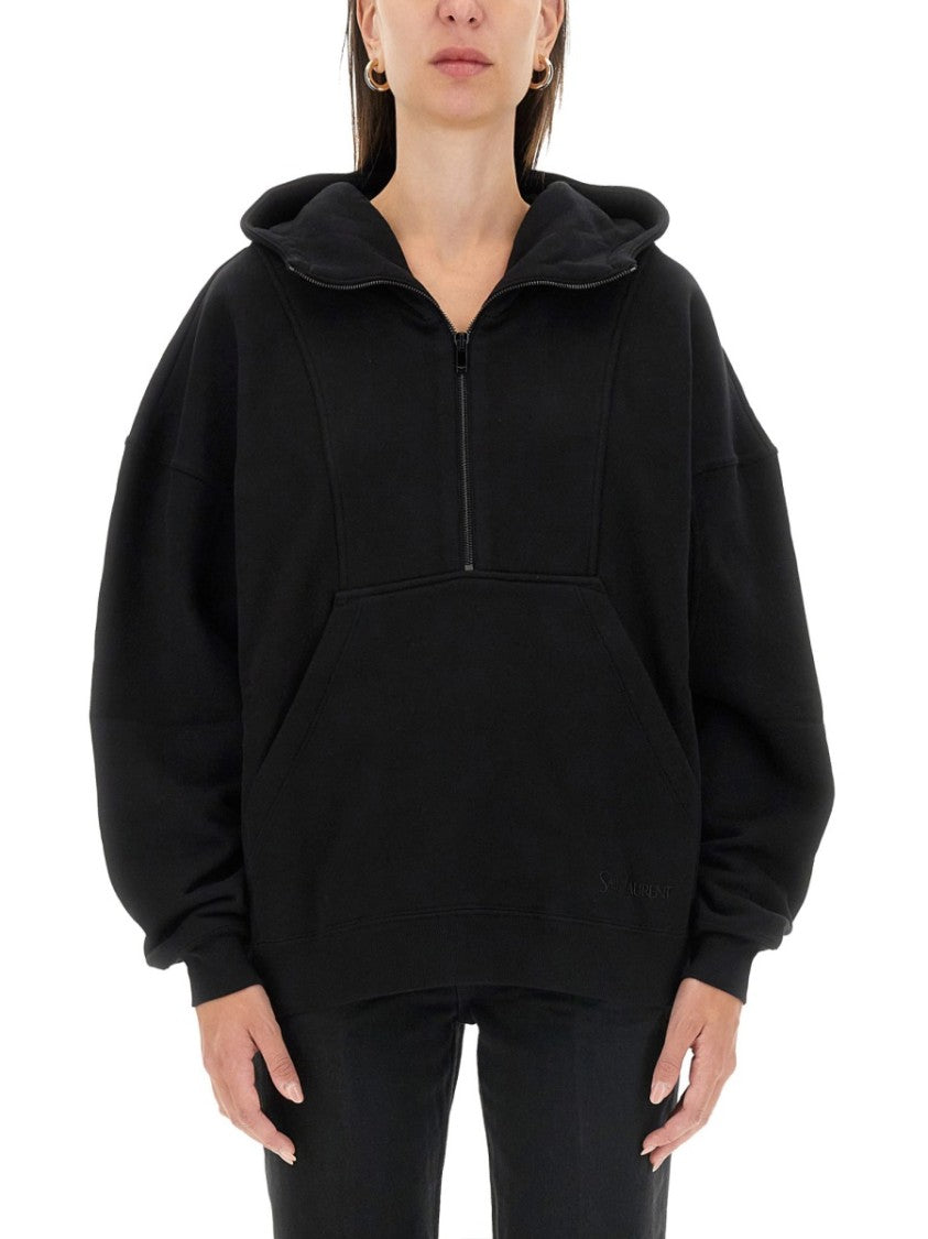 Saint Laurent Relaxed Black Hoodie With Half-Zip