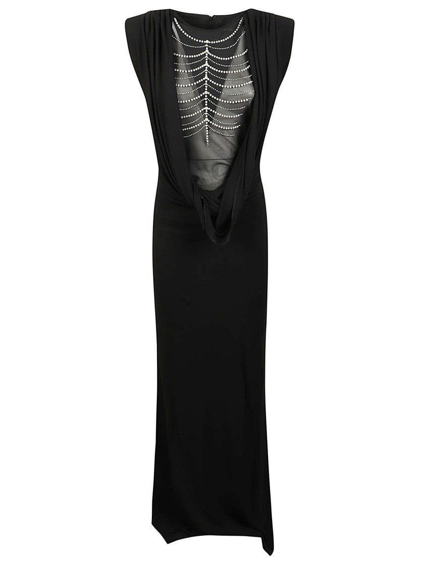John Richmond Riciomi Black Mesh-Panel Draped Viscose Maxi Dress