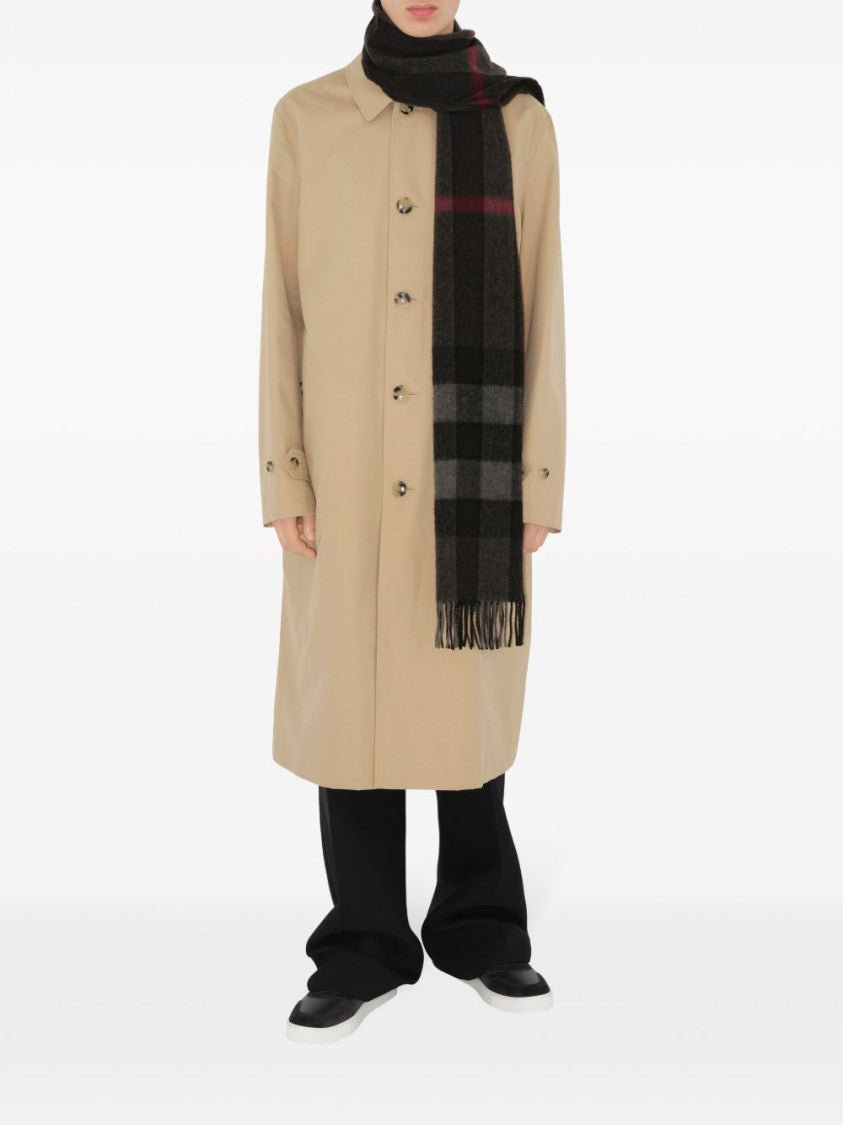 Burberry Grey Check Pattern Cashmere Fringing Scarf