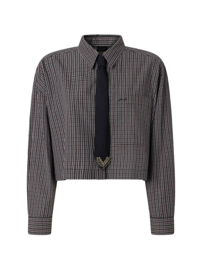 Pinko Black Cropped Checkered Tie Detail Shirt